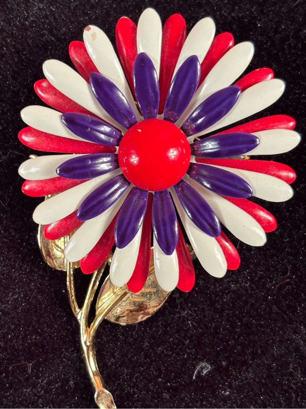 Vintage Enamel Flower Brooch Red White Purple Layered Daisy Stem Pin
